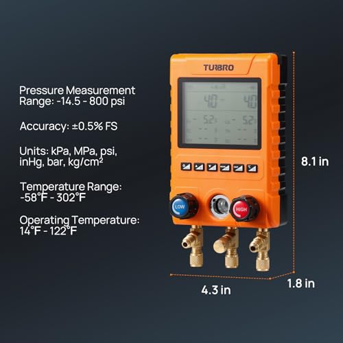 Image of TURBRO Digital Manifold Gauge Set | Digital, with 2 Temp Clamps & 3 Hoses, for HVAC Pressure & Temp Measurement