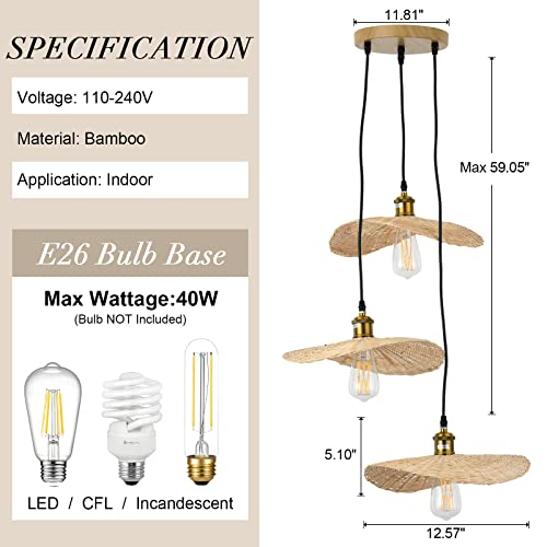 Jia Le Shi Bamboo Pendant Lighting, 3-Lights Farmhouse Wicker Woven Ceiling Pendant Light Chandelier For Dining Room Bedroom Entry Kitchen Staircase #TOP6
