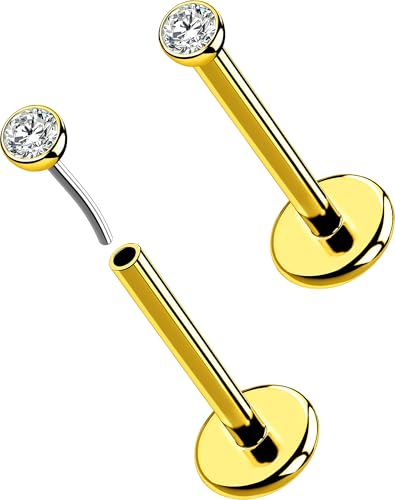 OUFER 2Pcs Helix Piercing Jewelry, 18G G23 Solid Titanium Threadless Stud Earrings Flat Back Tiny CZ 2MM Gold Cartilage Conch Tragus Piercing Jewelry for Women Men-8MM