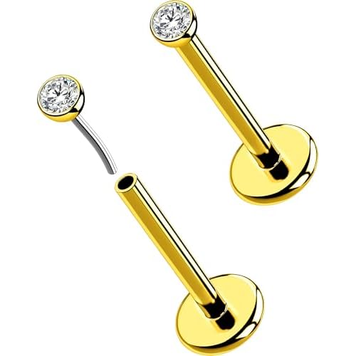 OUFER 2Pcs 20G/18G/16G G23 Titanium Threadless Nose Stud Earrings Flat Back Tiny CZ Small Nose Helix Cartilage Tragus Conch Labret Medusa Monroe Piercing Jewelry for Women Men Gold 2pcs, 18g