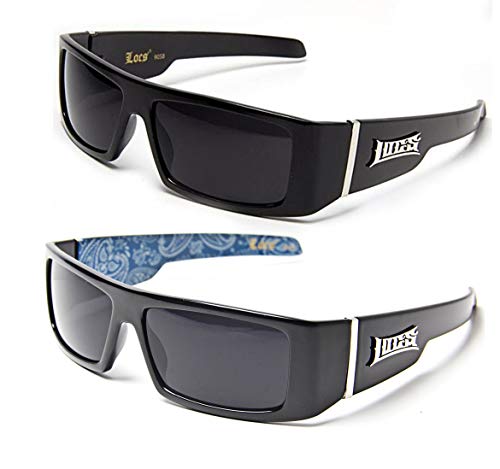 Locs Gangsta Sunglasses Various Combos 58 Style (2 Pack Black Plain and Blue Bandana)