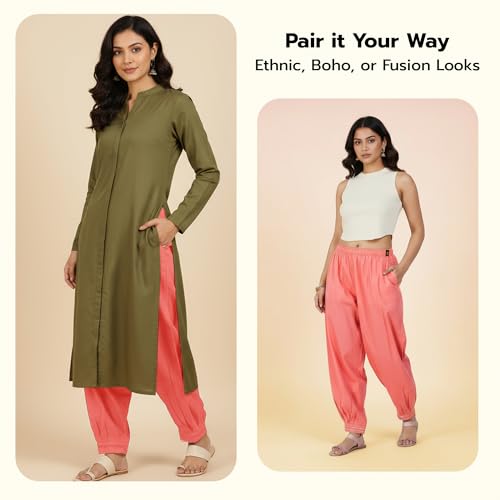 Image of Happy Bunny Women's Cotton Afghani Salwar with Lace Embroidery Detailing - Elastic Waist, Comfortable Loose Fit Bottoms for Casual, Ethnic
