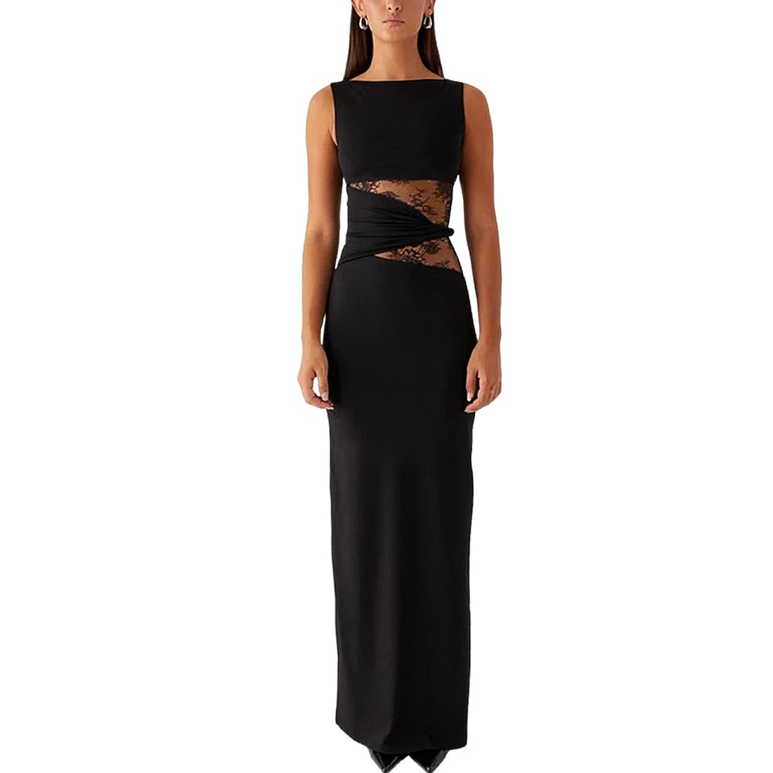 Robe Femme Sexy sans Manches Robes Longue Moulante à Col Rond Maxi Robe Transparente Dentelle Patchwork Robes de Cocktail Chic et Elégant Bodycon pour Clubbing Prom Fête Mariage Invité