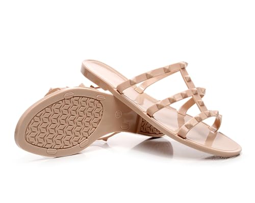 Image of Women Flats Sandals, Studded Jelly Shoes Size 9 Red Dressy Summer Beach Rivets Strappy Jellies Slide Slip On Open Toes