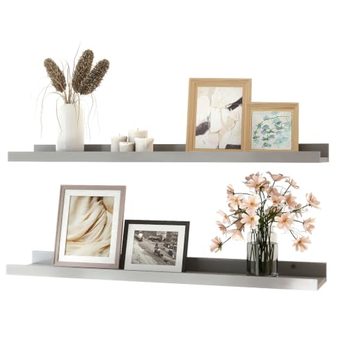 Image of Grey Floating Shelves for Wall Decor, 30 in Shelf with Lip Set of 2 | 4.5 inch Deep Display Picture Ledge Shelf, Long Wall Mounted Storage Shelves for Bedroom, Bathroom, Living Room, Kitchen, Nursery