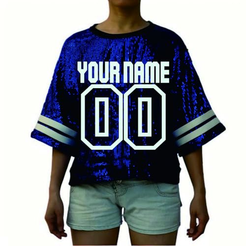 Custom Name Number Womens Sequin Football Jersey Tops with Short Sleeves