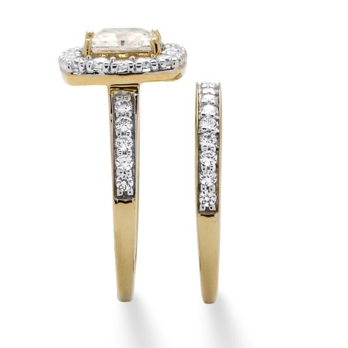 18K Yellow Gold over Sterling Silver Princess Cut Cubic Zirconia Halo Bridal Ring Set2