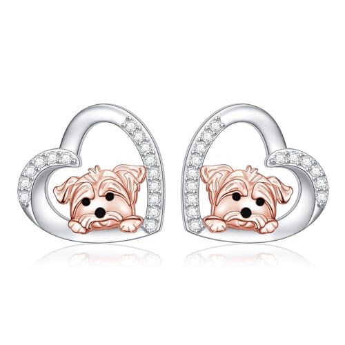 HOOHWE Pendientes Yorkie de plata de ley 925 con diseño de Yorkshire Terrier, joyería Yorkie con forma de corazón, regalo para mujeres y amantes de los cachorros, Plata de ley