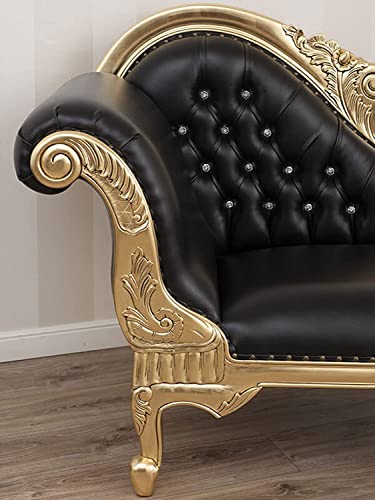 Image of Chaise Lounge Royal Carving Sofa Design Golden Polished and Leatherette Cover (Black) - 3 Seater