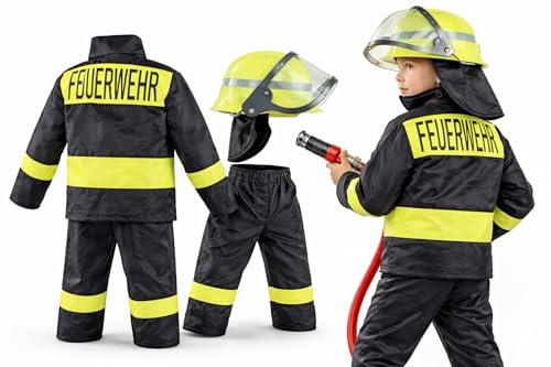 Nerd Clear Feuerwehr Kostüm Set für Kinder | 3-teilig: Helm Jacke Hose | ideal für Karneval & Fasching | Jungen & Mädchen |: Größe: 128