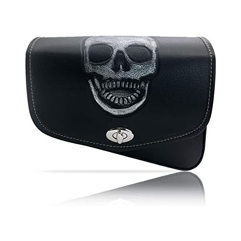 Motorcycle Saddlebags with Skull Pattern, Black Leather Motorcycle Windshield Bag, Left Side Motorcycle Fork Bag Cover