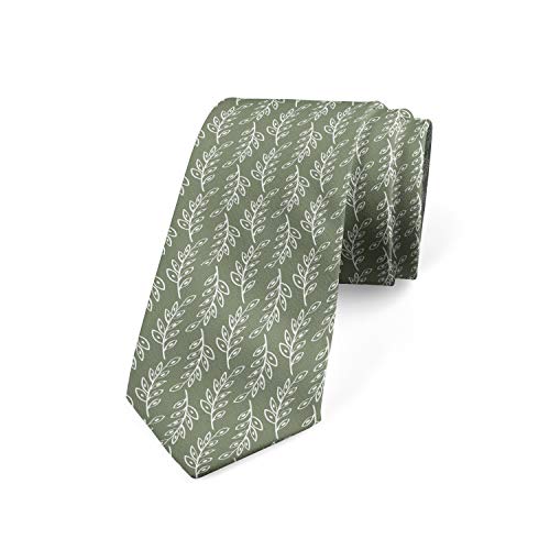Ambesonne Necktie, Nature Leafy Branches, 3.7", Sage Green And White #TOP1