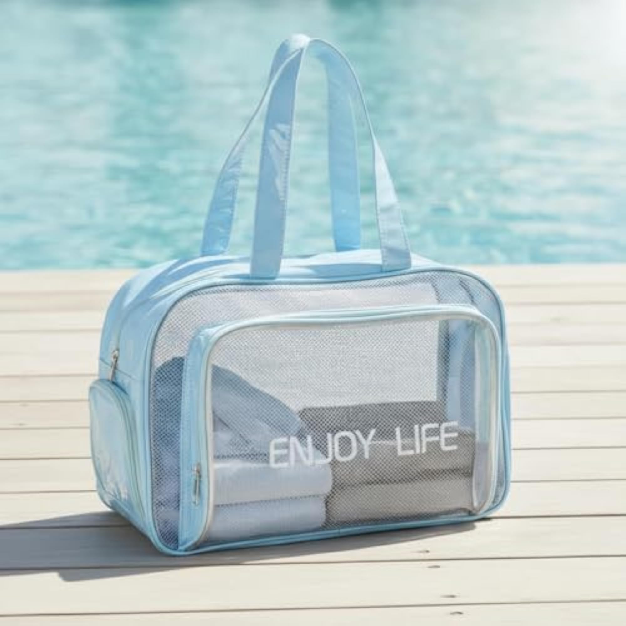 Clear Tote Bag with Side Mesh Pockets, Waterproof Utility Tote