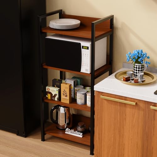 Image of RIZIK STORE 3-Tier Metal & Wooden Microwave Oven Stand - Multipurpose Extra Storage for Kitchen, Coffee Bar, Countertop, Bathroom ((Natural Brown))