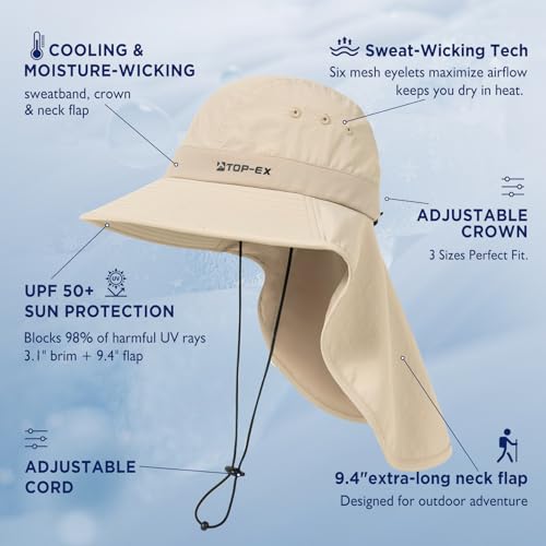 Image of TOP-EX Cooling Sun Hat with Neck Flap - UPF 50+ Wide Brim Breathable Hat for Hiking, Fishing & Big Heads