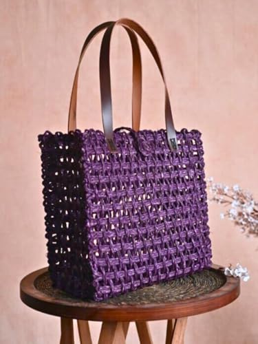 Image of KADAM HAAT Handwoven Sabai Grass Lunch Bag | Eco-Friendly Natural Woven Tote for Office, School & Picnic | Sustainable Artisan Handmade Bag for Women (Lavender)