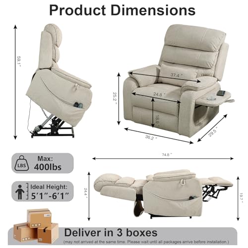 Image of Large Power Lift Recliner Chair for Adults Elderly, Dual Motor Electric Recliner 400LBS, Lay Flat Recliners with Folding Tablet, Wireless Charging, Extended Footrest, USB Ports