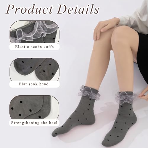 Image of 6 Pairs Women Big Ruffle Dot Socks Turn Cuff, Double Lace Ankle Frilly Socks for Women Ladies(White, Cream Yellow, Yellow, Pink, Grey, Black)