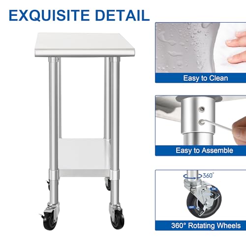 Image of HARDURA Stainless Steel Commercial Table Prep & Work Table with Casters Heavy Duty Metal Table with Wheels NSF 430 30x15 Inches