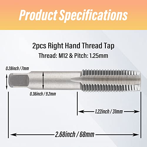 Image of 2pcs M12x1.25 Tap, M12 Metric Thread Tap Right Hand Thread Tapping Tool, HSS Thread Milling Taps (M12 x 1.25, Taper & Plug Tap)