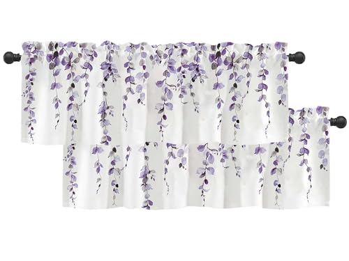 2 Pack Watercolor Purple Leaves Window Valance for Bedroom Living Room, Lavender Leaf Plant Curtains...