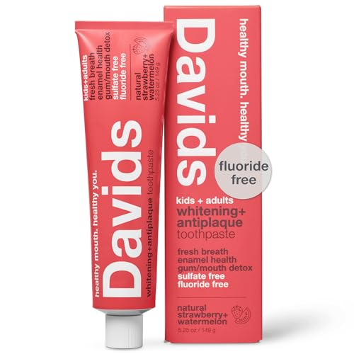Davids Fluoride Free Kids & Adults Toothpaste, Teeth Whitening, Antiplaque, SLS (Sulfate) Free, Promotes Enamel Health, Mouth & Gum Detox, Natural Strawberry Watermelon, 5.25oz