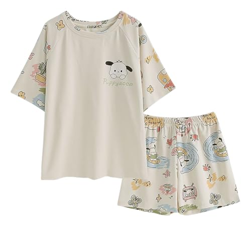 Cartoon Printed Pajamas Set Petite Women Girls Short Sleeve Sleepwear Nightwear Shirt and Shorts 2 Piece Lounge Sets
