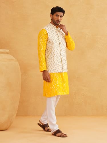 Sojanya (Since 1958 Men's Cotton Designer Mustard Kurta With Churidaar Pyjama & Cream Nehru Jacket