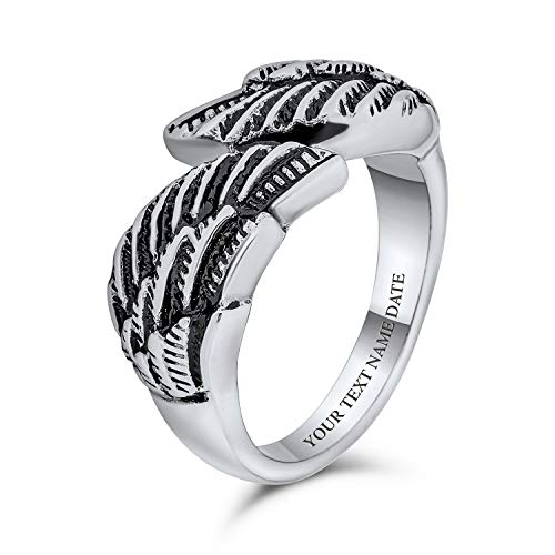 Bague personnalisée avec initiale ABC en acier ou argent : anneau spirituel au motif plume d'aile