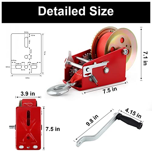 VZCY 3500 LBS Capacity Heavy Duty Hand Winch, 10m(32.8 ft) Nylon Strap 2 Gear Manual Crank Winch for ATV Boat Trailer Truck Auto, Red - Image 2