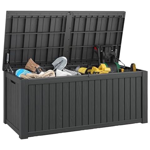LHBGO 180 Gallon Deck Box Large Outdoor Storage for Patio Furniture,Outdoor Cushions, Garden Tools, Sports Equipment and Pool Supplies, Waterproof, Resin, Lockable, Black Cover