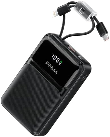Kuulaa Portable Charger Power Bank 20000mAh,22.5W Fast Charging with Built-in Cables,Travel Essentials Battery Pack with LED Display,Compatible with iPhone Samsung Google iPad Android,Black