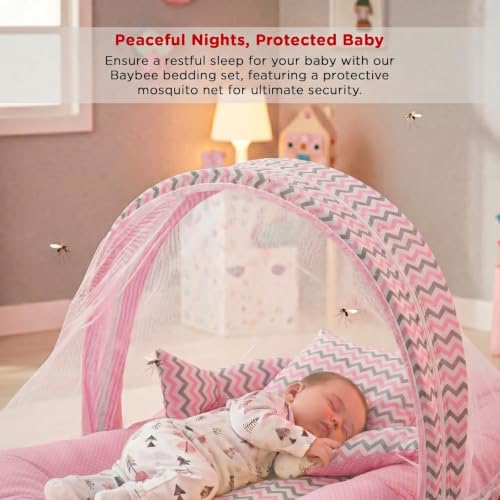 Image of BAYBEE Baby Bedding Set for New Born Baby, Bed Mattress with Mosquito Net & Neck Pillow, Sleeping Nest Travel, Infant Toddler Bed Set Gifts for Baby Boy Girl 0-6 Months (Pink)