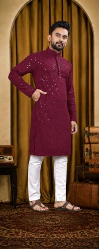 Image of Men's Lakhnawi Chikankari Kurta Set Cotton Ethnic Kurta Pajama for Men Wedding Festive Designer Indian Outfit Stylish Embroidered Kurta Set