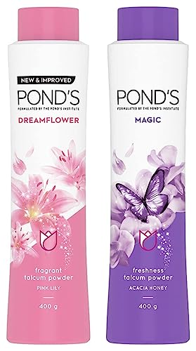 Image of Pond's Dreamflower Fragrant Talcum Powder, Pink Lily, 400 G And Magic Freshness Talcum Powder Acacia Honey, 400 G