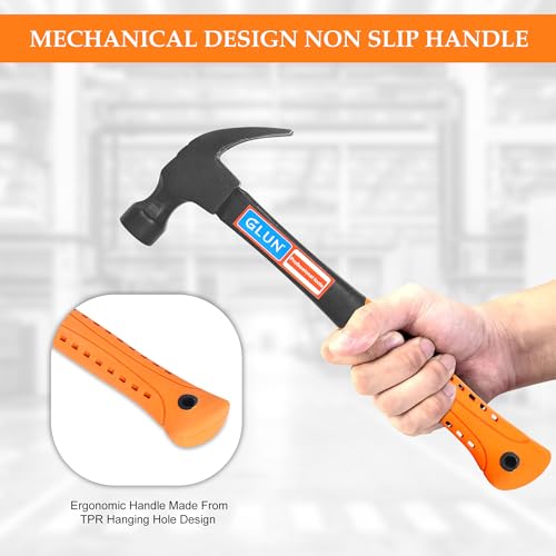 Image of GLUN Claw Hammer, Fiberglass Mallet with Comfort Grip Handle, Camping Long Claw Hammer, Stubby Tack Hammer for Driving
