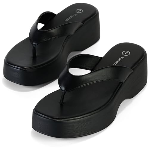 Image of Yavero Women's Platform Flip Flop Sandals Comfortable Wedge Thong Sandals with Square Toe, Casual Summer Sandals