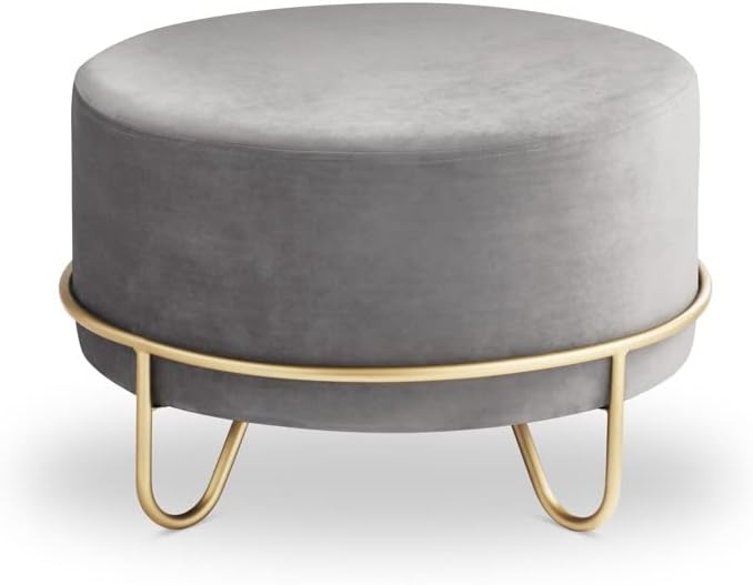 LIFA LIVING Round Pouffe Grey, Ottoman with Gold Metal Legs, Upholstered Footstool Pouf, Velvet Footrest Stool for Living Room and Bedroom, 100 kg Capacity, 55 x 35cm