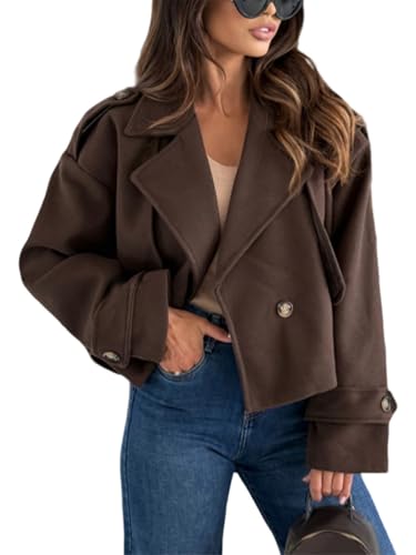 shownicer Wollmantel Damen Herbst Winter Kurz Übergangsjacke Wintermantel Warme Langarm Revers Damenmantel A Dunkelbraun XS