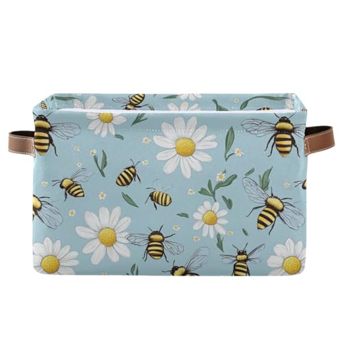 Wusikd Bees Daisies Storage Basket Set of 2 Large Fabric Blue Storage Baskets Bins Box Cube with Handles Collapsible Closet Shelf Clothes Organizer Basket for Nursery Bedroom