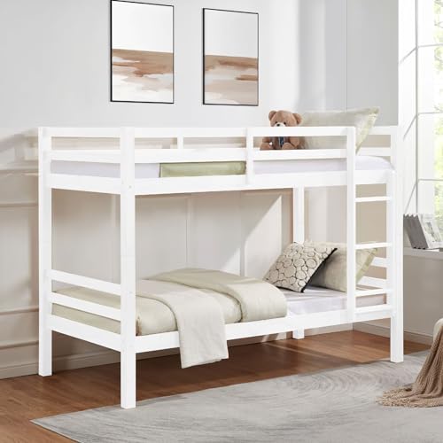 Softa Twin Over Twin Bunk Bed with Thick Posts,Wooden Bunk Bed with High Guardrail and Ladder for Kids, Teens, Dorm Rooms, and Guest Rooms,No Box Spring Needed,Grey (White, Twin Over Twin)