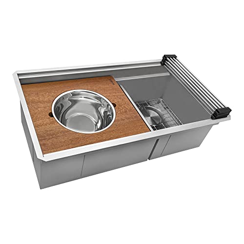 Image of Ruvati 33-inch Workstation Kitchen Sink - Dual Tier Double Bowl Kitchen Sink - Low Divide Undermount Sinks - 16 Gauge Stainless Steel Kitchens Sinks - RVH8255