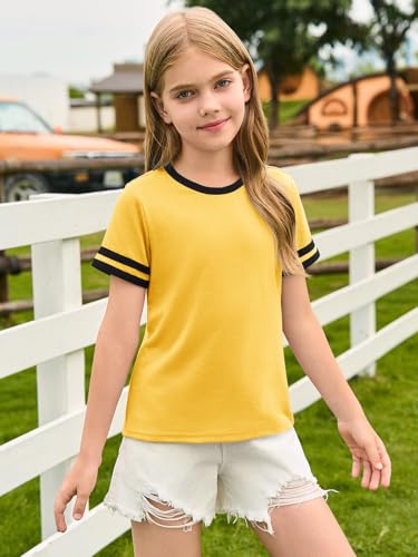 Image of Haloumoning Girls Short Sleeve T Shirts Kids Summer Crewneck Color Block Tops Fashion Tees 5-14 Years