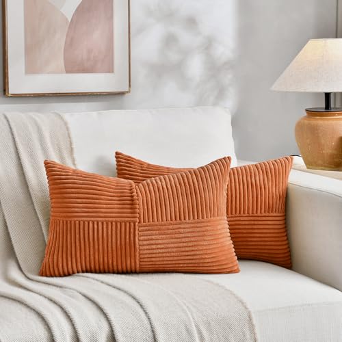 Image of Fancy Homi 2 Packs Burnt Orange Lumbar Decorative Throw Pillow Covers 14x24 Inch for Couch Bed Sofa, Farmhouse Boho Home Decor, Soft Striped Corduroy Rectangle Accent Cushion Case 35x60 cm