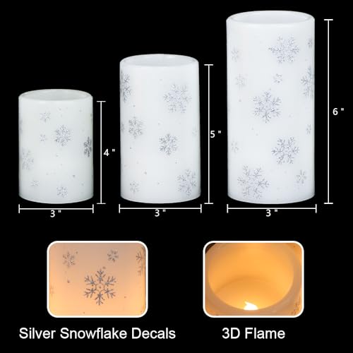 Image of KunSween Christmas Flameless Candles with Timer, 3 Pack LED Pillar Candles with Silver Snowflake Decals and Real Wax, Christmas Winter Decorations for Home Indoor Table Centerpieces
