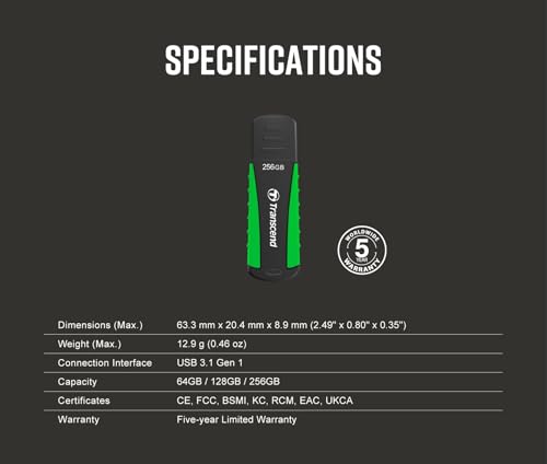 Image of Transcend JetFlash 810 128GB USB 3.1 Gen 1 (USB 5Gbps) Flash Drive (Pen Drive), Rugged Rubber Design, 5-Year Limited Warranty, Green (TS128GJF810)