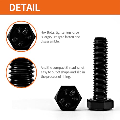 Image of M6-1.0 x 20mm Heavy Duty Hexagon Bolts Hex Head Screws, 8.8 Grade Alloy Steel, Black Oxide Finish, Metric Machine Fully Threaded, 25PCS