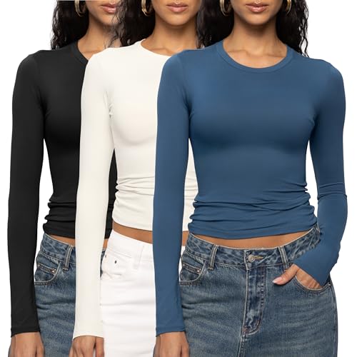 Enerful Women's Long Sleeve Shirts Crew Neck Slim Fitted Going Out Crop Casual Tops Basic Tees