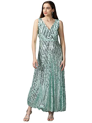 Image of SHOWOFFFF Women Embellished Wrap Party Dress | V Neck Sleeveless Cotton Dress for Womens | Maxi Dress for Women's