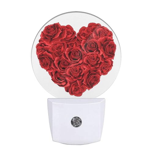 Image of Rose Night Light Rose Flowers in Heart Shape Valentine's Day Night Lights Plug into Wall for Boys Girls, Plug-in Nightlight 0.5W LED Lighting for Stairway Hallway Bedroom